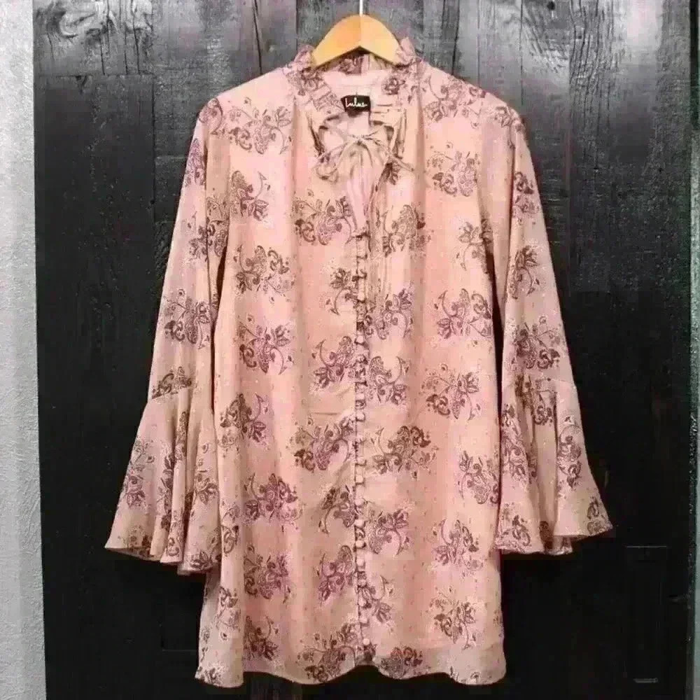 LULUS Disco Boho Mauve Multi Print Flounce Sleeve Button-Front Dress Medium
